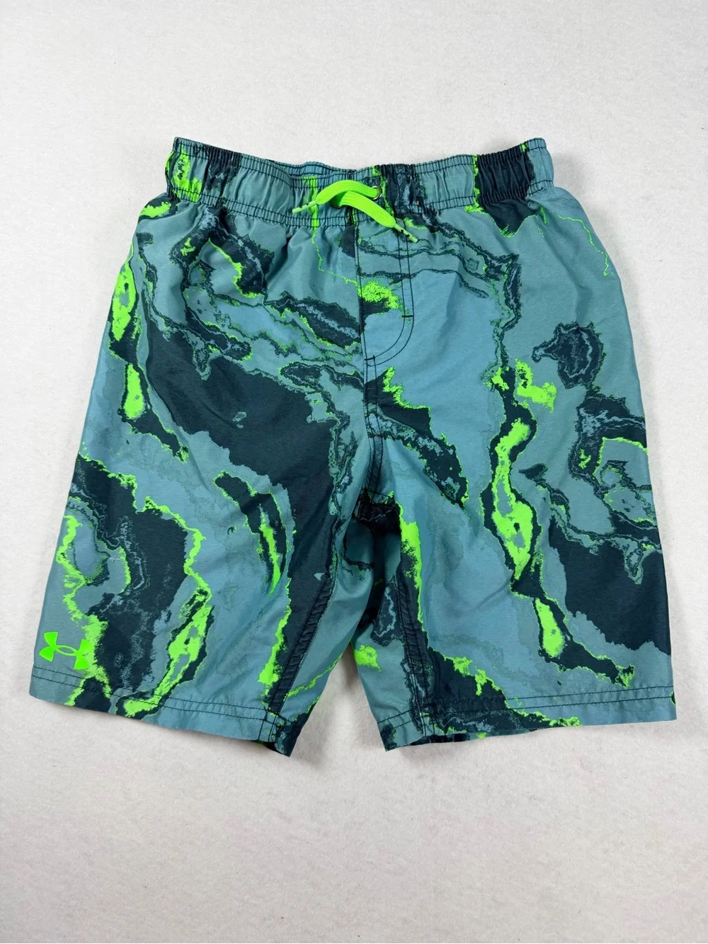Under Armour Swim Trunks YMD Blue Neon Green Marble Print